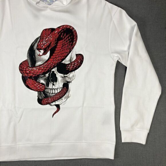 Heads Or Tails Hoodie Mens Sz Large White Skull Snake Rhinestones Pull Over Rare - Picture 5 of 16